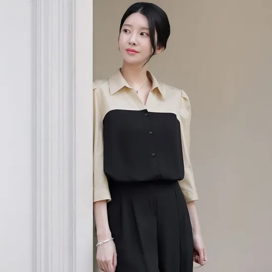클릭앤퍼니 7부/긴팔 미런밴딩 배색블라우스