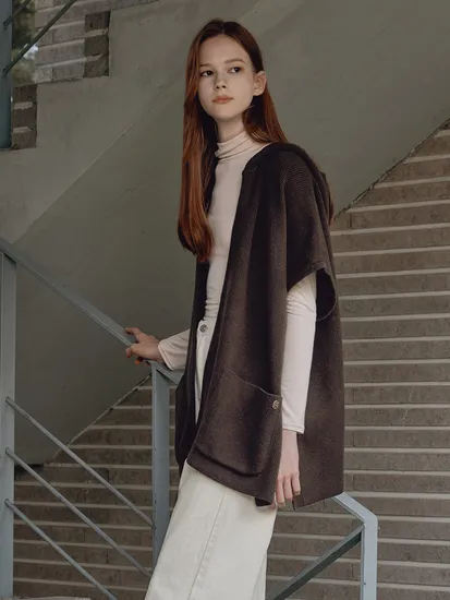 후드 케이프 가디건 블랙 브라운