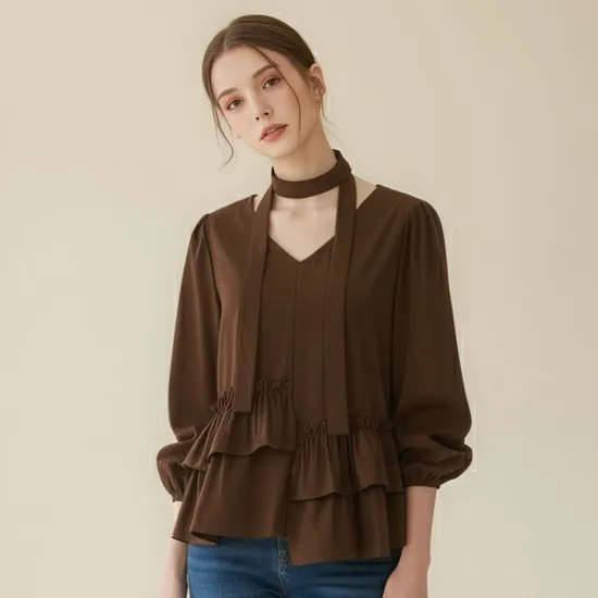 티뷰 더블 프릴타이 블라우스