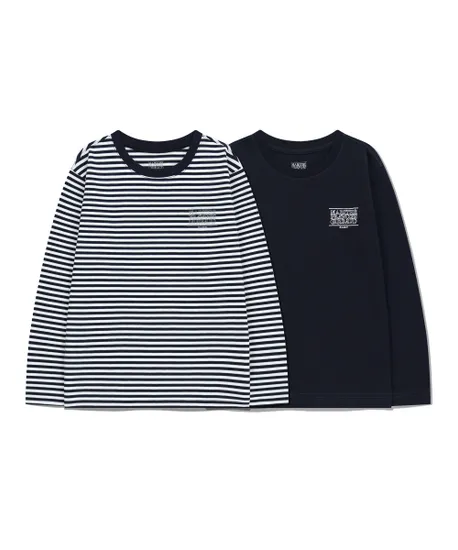 마리떼키즈 솔리드 스트라이프 로고 롱슬리브 2팩