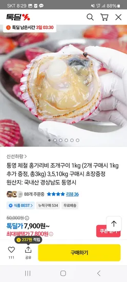 통영 제철 세척 홍가리비 3kg