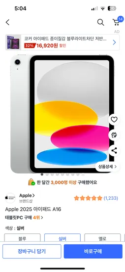 아이패드 A16 실버, 블루