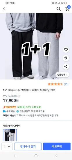 빅사이즈 와이드 트레이닝팬츠 1+1