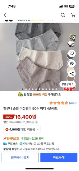 벨루나 순면 50수 여성팬티 4종세트