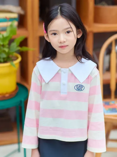 테마 프레피 스트라이프 카라 9부 티셔츠