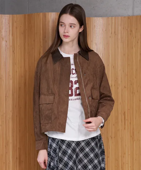 카라 배색 스웨이드 긴팔 자켓