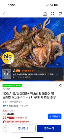 국내산 활 돌문어 1kg
