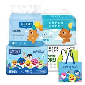 슈퍼대디 리얼씬 밤기저귀 4팩 아기상어 타포린백