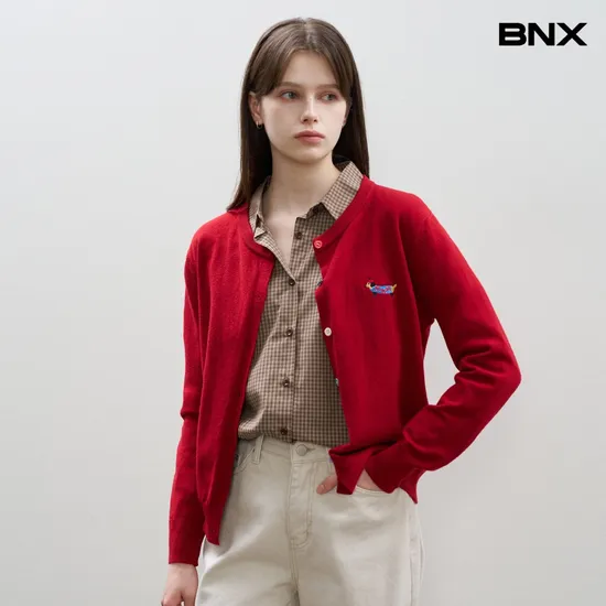 컬러버튼 도그 자수 가디건