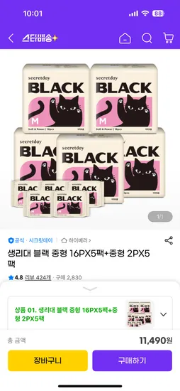 시크릿데이 블랙 생리대 5팩 2개입