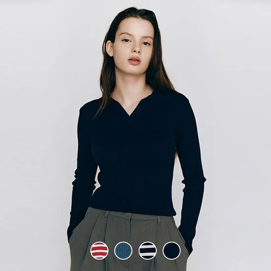 지오다노 슬림핏 골지 오픈카라넥 니트