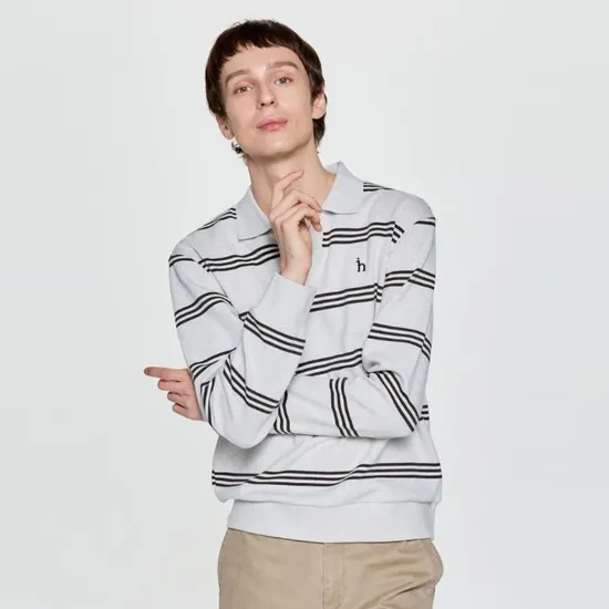 헤지스 25FW 남성 스트라이프 오픈카라 맨투맨