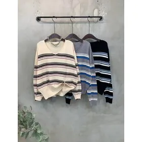 스트라이프 브이넥 긴팔 니트