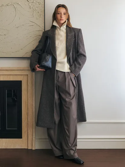 울 헤링본 테일러드 롱 코트 BROWN