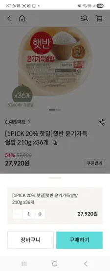 햇반 윤기가득쌀밥 210g 36개