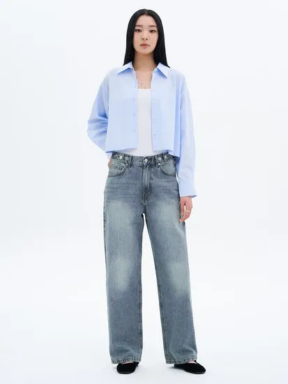 에잇세컨즈 비조 디테일 틴워싱 와이드 데님팬츠 스카이 블루