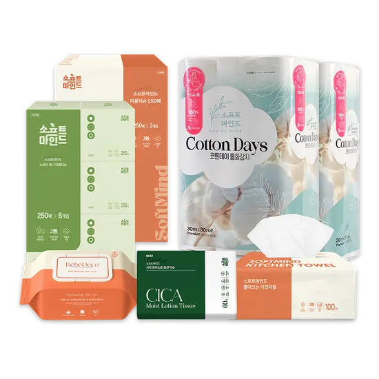 소프트마인드 코튼데이 3겹 롤화장지 30m 30롤 2팩