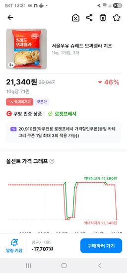 서울우유 슈레드 모짜렐라 치즈 1kg 3개