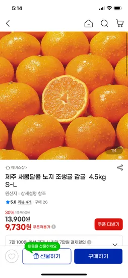 제주 새콤달콤 노지 조생귤 4.5kg S~L