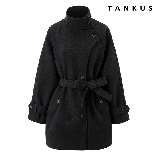 하이넥 버튼 벨티드 하프코트