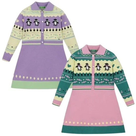 베네통키즈 펭귄 자카드 니트 원피스