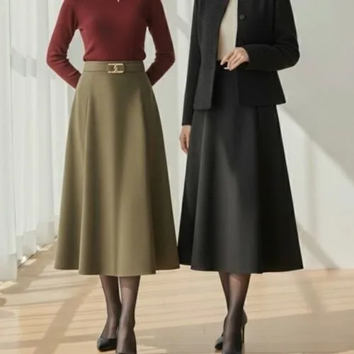 버클밴딩 A라인 롱기모 스커트