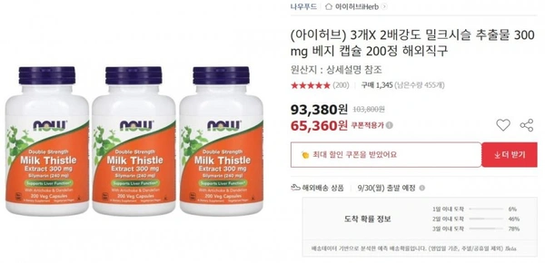 나우푸드 밀크시슬 300mg200정 3통 (58,820카드/무료)7