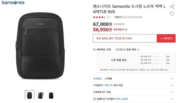 쌤소나이트 Samsonite 도시형 노트북 백팩 LAPETUE NV6(56,950원/무료)9