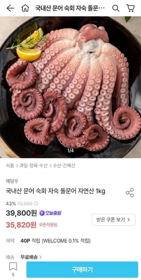 국내산 문어숙회 자연산 돌문어 1kg (35.820원/무료)3