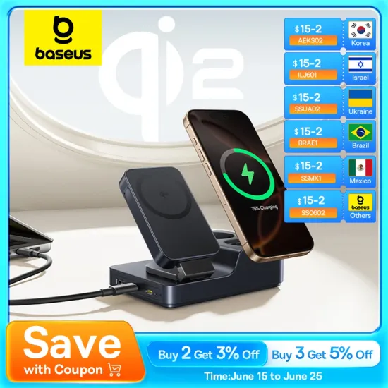 베이스어스 67W 고속 충전 파워 스트립 6-in-1 Qi2 15W 마그네틱 충전 스테이션 (노트북, 아이폰, 태블릿용)