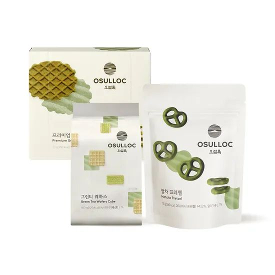 오설록 티푸드베스트세트 말차 프레첼 70g 그린티웨하스 100g 녹차와플 72g 쇼핑백