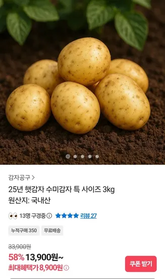 햇감자 수미감자 3kg 특사이즈
