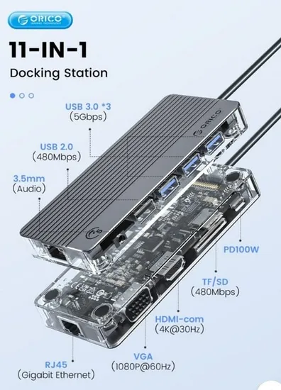 오리코 알루미늄 오디오 USB VGA 4K HDMI PD100W 투명 멀티허브