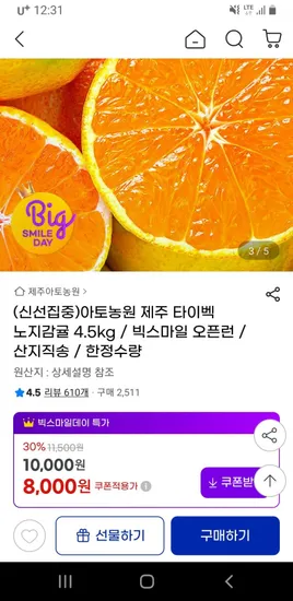 제주 타이벡 노지감귤 4.5kg 중대과