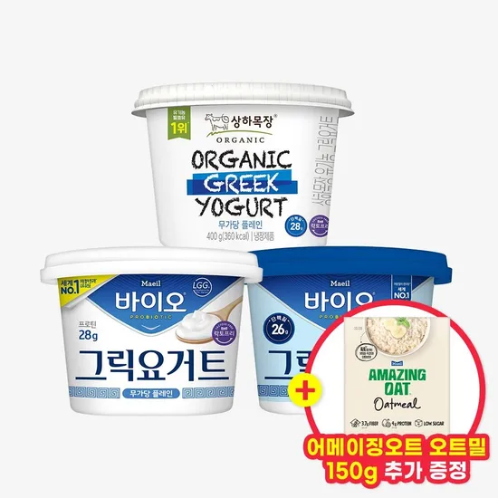 매일 바이오 상하목장 그릭요거트 무가당 플레인 3종 400g 3개 어메이징오트밀 50g