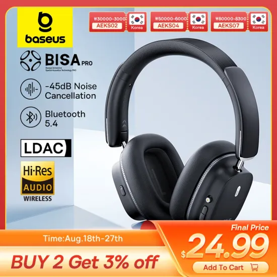 Baseus Bowie 30 Max 블루투스 헤드폰 45dB 소음 제거 고해상도 LDAC 오버 이어 헤드셋 3D 공간 오디오 무선 이어폰