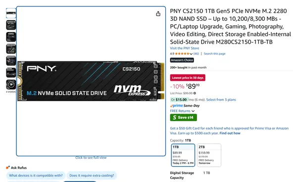 PNY CS2150 1TB Gen5 PCIe NVMe M.2 2280 3D NAND SSD – Up to 10,200/8,300 MBs