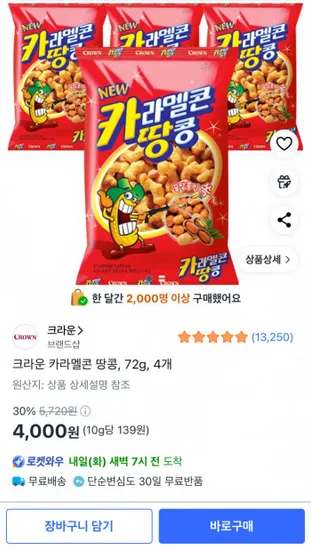 크라운 카라멜콘 땅콩 72g 4개