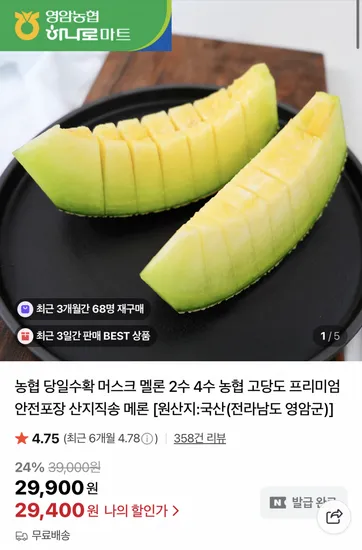 농협 영암 머스크 멜론 대과 4수 6~8kg