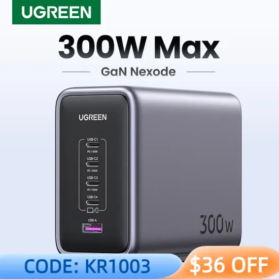 UGREEN 300W GaN 데스크탑 충전기 USB 충전 스테이션 단일 포트 최대 140W PD3.1 고속 충전